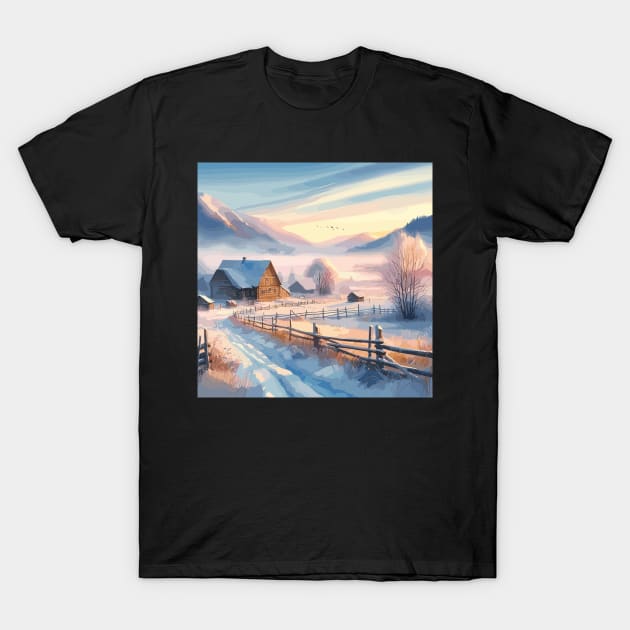 Winter Village Road T-Shirt by Siha Arts